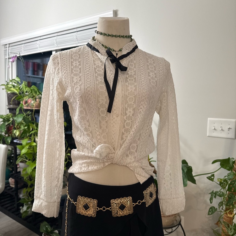 Elegant White Lace Blouse with Black Ribbon